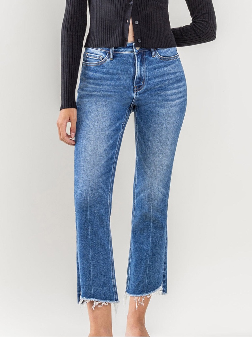 Vervet Encouragingly High Waisted Step Hem Kick Flare Jeans Cropped Raw Hem 30